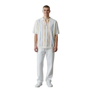 Peletti Short Sleeve Knit Sweater 1/4" Zip White with stripes Mens Size Medium